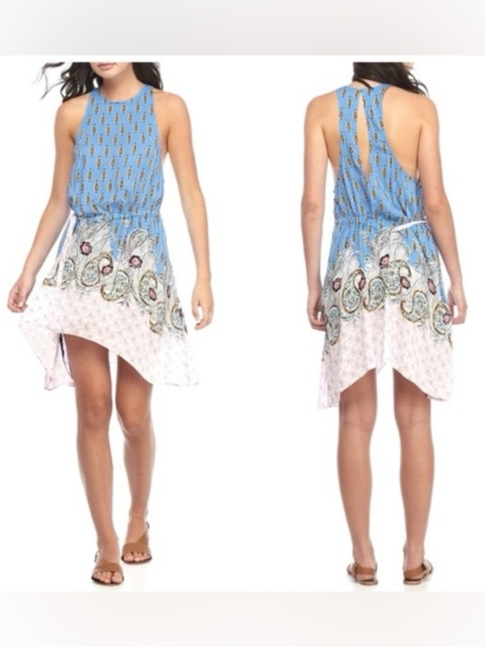 Free People Sleeveless Blue & Pink Asymmetrical Hem Halter Dress Size S